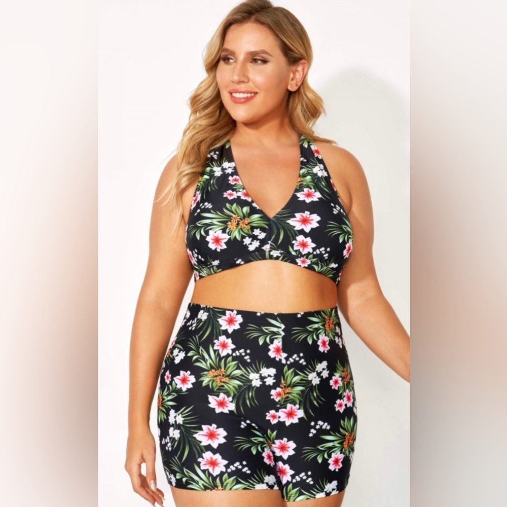 Meet Curve Plus Floral Halter & Boy Short Bikini Bathing Swim Suit 3x NWT